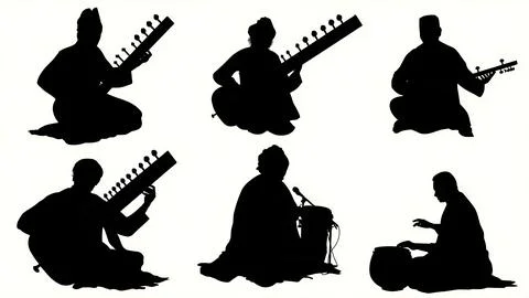 Indian Classical Musicians with Sitar and Tabla Silhouettes Stock Illustration
