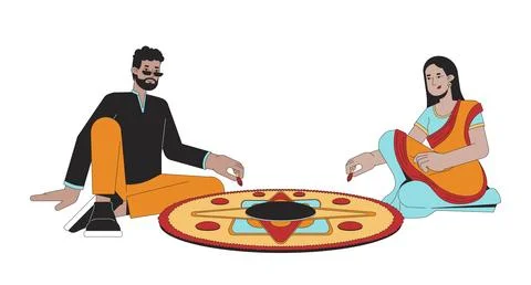 Indian couple creating kolam 2D linear cartoon characters Stock Illustration