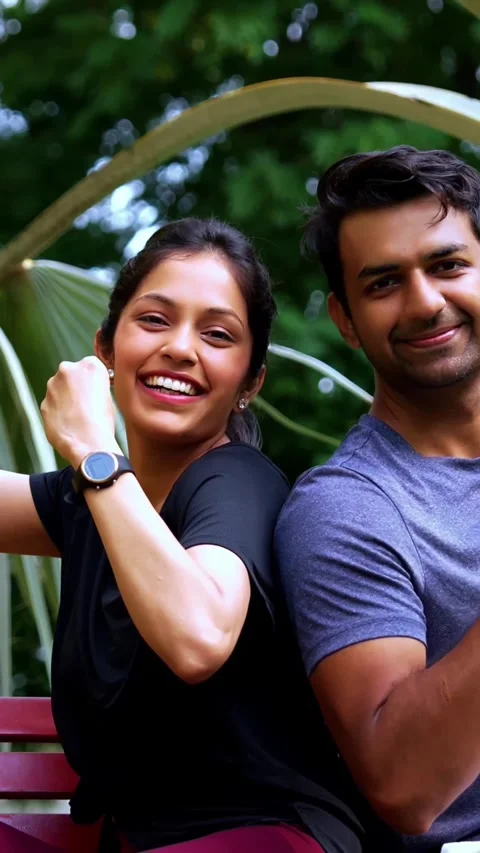 Indian couple flexing arms smiling after exercise sitting on park bench Stock Footage 342843681