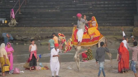 Indian couple have fun on back of camel,Dwarka,India Stock Footage 67474719