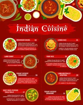 Indian cuisine meals menu vector template Stock Illustration