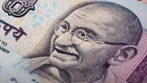 Indian Currency 50 Rupee Note Macro Detail of Gandhi's Face 4K Stock Footage 318200041