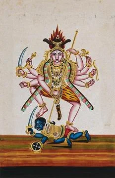 An Indian deity with eight arms trampling a demon (?). Gouache painting by .. Stock Illustration