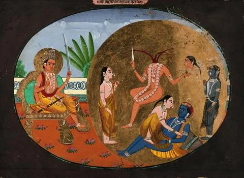 An Indian deity seated on a throne, while a goddess stands before a headles.. Stock Illustration