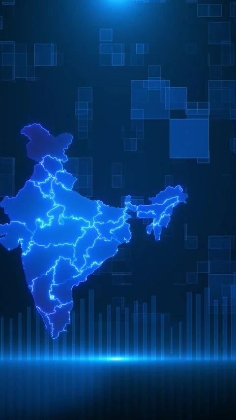 Indian digital business background with blue map outline, glowing regional Stock Footage 334124609