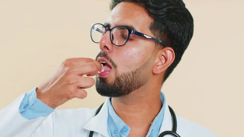 Indian doctor man puts white capsule tablet pill into mouth recommends drugs Stock Footage 252153794