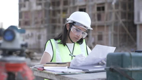 Indian Engineer survey on construction site and work on blueprints. 스톡 동영상 161812034