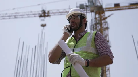 Indian engineer talking on a smartphone to control work at construction. Видео 162016597