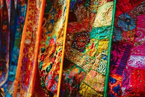 Indian fabric with Indian patterns close up. Stock-Fotos