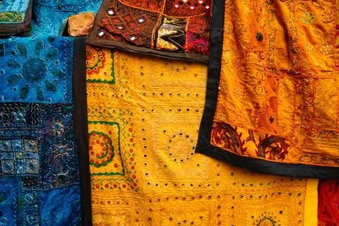 Indian fabric with Indian patterns close up. Stock Photos