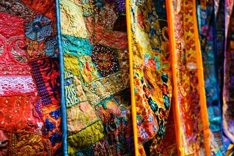 Indian fabric with Indian patterns close up. Stock Photos