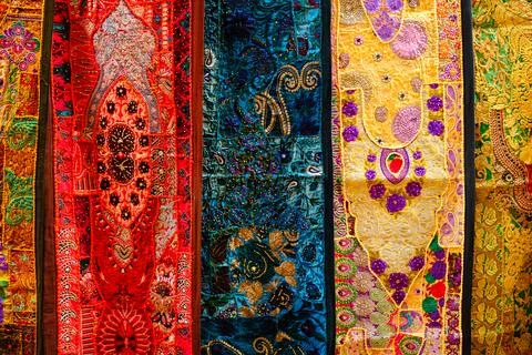 Indian fabric with Indian patterns close up. Stock Photos