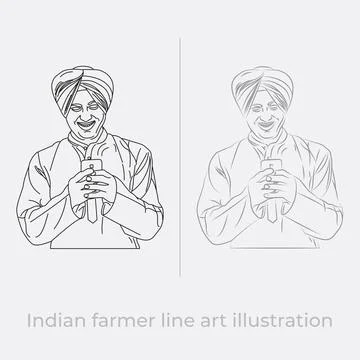 Indian farmer with mobile line art illustration vector symbol Stock Illustration