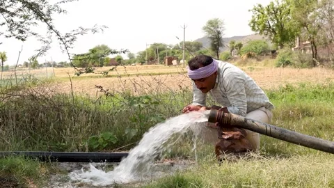 Indian farmer or labor drinking fresh water from agricultural tube well in .. Stock-Footage 335119176