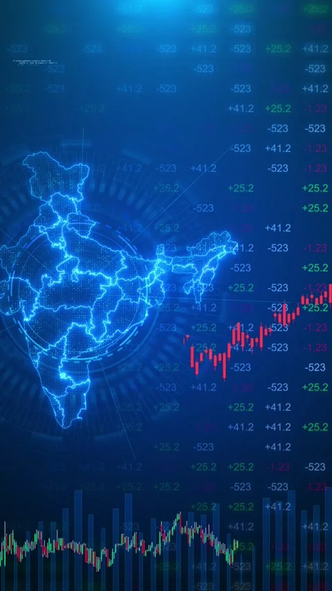 Indian finance trading chart with blue map, market candles, numeric data Stock Footage 334124643