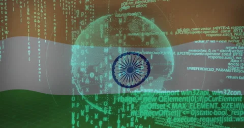 Indian flag with digital data and binary code overlaying globe animation Stock Footage 303587192