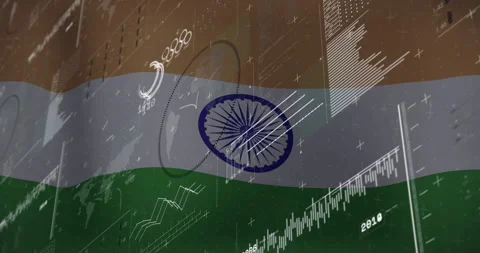 Indian flag fading, map outlines appearing, Chakra loop rotating, graph lines Stock Footage 314790324