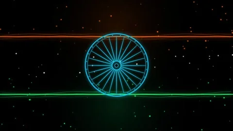 Indian flag neon animation featuring a spinning ashoka chakra on a dark bac.. Stockbeeldmateriaal 344309646