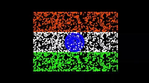 Indian flag with pixel particles on plain black background Stock-Illustration