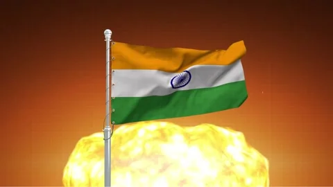 Indian flag waving proudly in front of massive mushroom cloud explosion aga.. Stock Footage 341868564