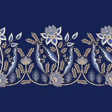 Indian floral paisley pattern vector seamless border. Persian arabesque Stock Illustration