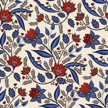 Indian floral paisley pattern vector seamless border. Tropical flowers motif Illustrazione stock