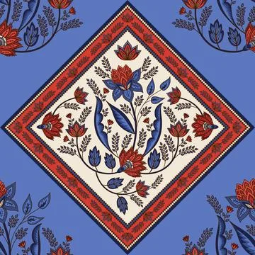 Indian floral paisley pattern vector seamless border. Tropical flowers motif Stock Illustration