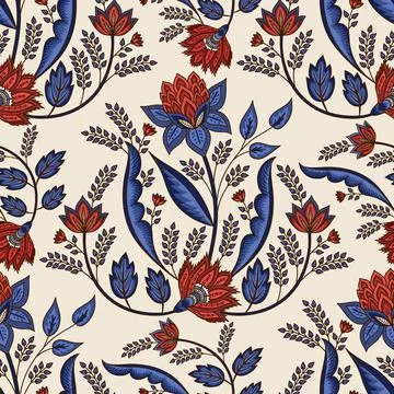 Indian floral paisley pattern vector seamless border. Tropical flowers motif Illustrazione stock