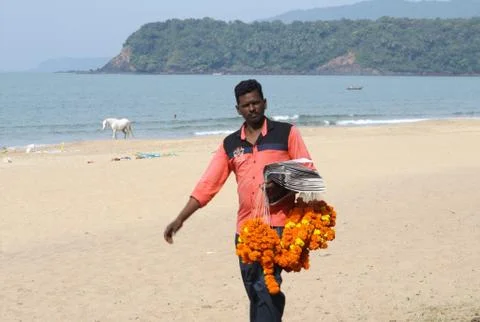 Indian Flower Garland Seller (Agonda Beach, Goa, India) Stock Photos