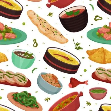 Indian Food Seamless Pattern Design with Dinner Dish Served on Plate Vector イラスト素材
