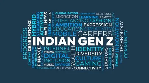 Indian Gen Z Word Cloud for Youth Culture Poster, Digital Lifestyle Print. .. Stock Illustration