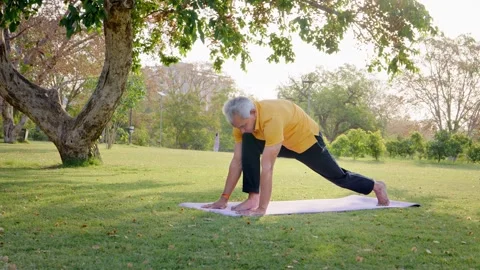 Indian Grey haired old man doing Sun Salutation yoga in morning daylight. Stock Footage 249843836