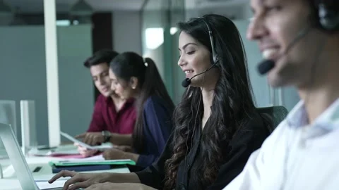 Indian Group of employees  operators answer client while working at call center. Видео 170123602