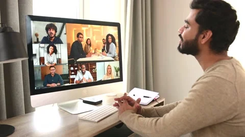 Indian guy take a part in educational seminar, involved webinar Video stock 193993434