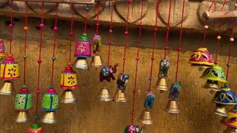 Indian Hanging Strings Elephants and bell on a traditional wall of a house. Stock Footage 282791045