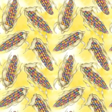 Indian heirloom corn seamless pattern, rainbow cobs on abstract splash Stock Illustration