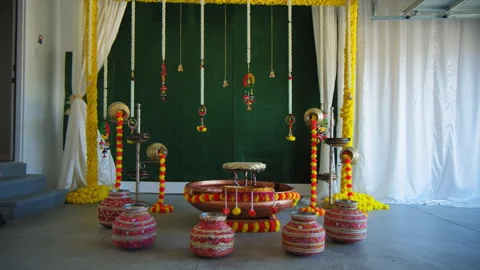 Indian hindu wedding traditional elements of decor. Wide shot Stock Footage 261146360