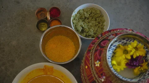 Indian hindu wedding traditional elements of decor. move camera Stock Footage 262279901