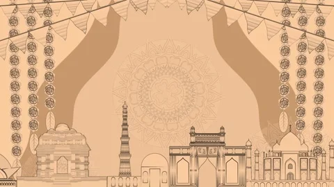Indian historical monuments and decoration in light orenge colour and sketc.. Stock Footage 312821804