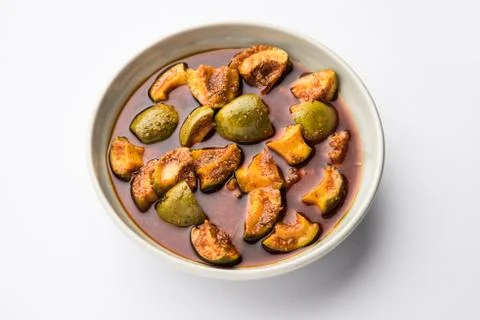 Indian Homemade Raw Mango Pickle or aam ka achar or Kairi Loncha in a bowl Stock Photos
