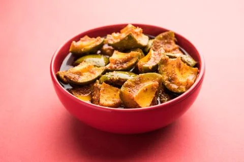 Indian Homemade Raw Mango Pickle or aam ka achar or Kairi Loncha in a bowl Stock Photos