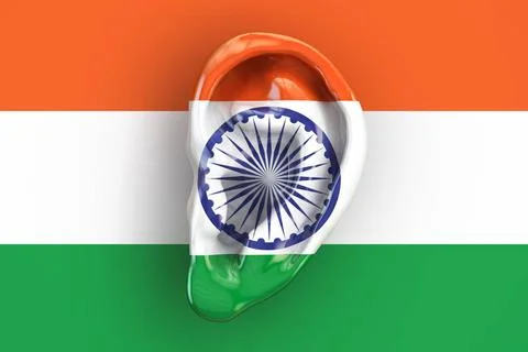 Indian intelligence concept, ear on the flag of India. 3D rendering Indian... Foto stock