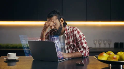 Indian IT specialist getting program error while working on holographic screen 스톡 동영상 329506490
