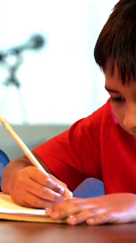 Indian Kid Sitting at Desk Writing Homework in Notebook at Home Stock Footage 343214533