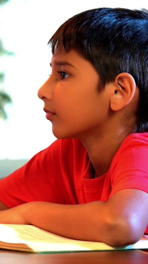 Indian Kid Sitting at Desk Writing Homework in Notebook at Home Stock Footage 343214540