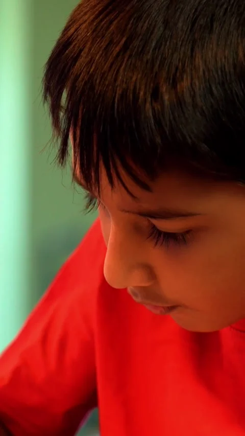Indian Kid Sitting at Desk Writing Homework in Notebook at Home Stock Footage 343214541