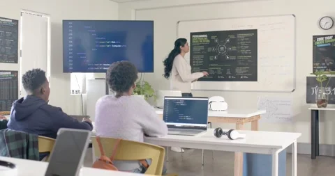 Indian lab teacher pointing at chart, teaching African American teens while Stock Footage 341079739