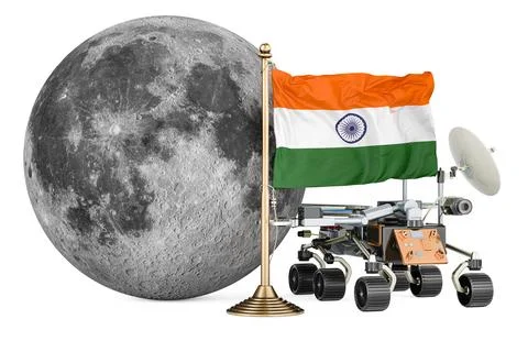 Indian Lunar Exploration Program. Planetary rover with Moon and Indian flag.. Stock Illustration