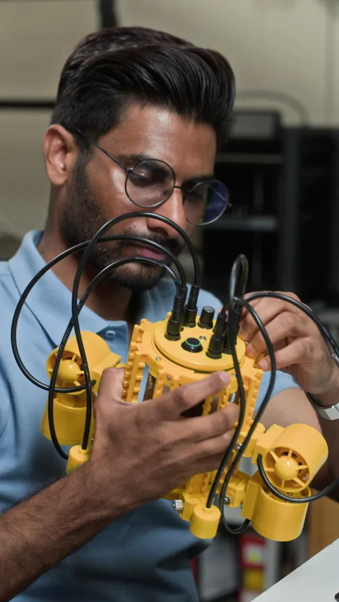Indian Man Assembling Underwater Robot Prototype in Laboratory Stock Footage 343500442