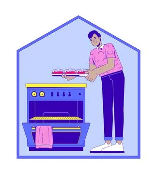 Indian man baking cinnamon rolls in cozy kitchen at home 2D cartoon character Stock-Illustration